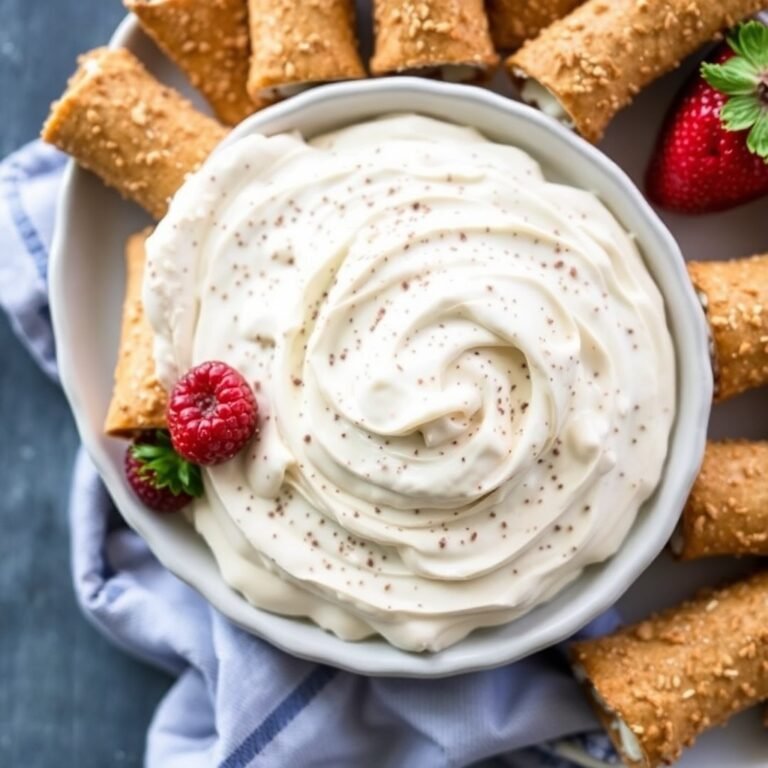 Bowl of creamy cannoli dip topped with mini chocolate chips and pistachios, served with waffle cone pieces; the best cannoli dip recipe texture