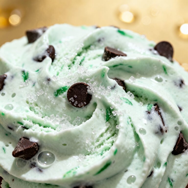 Bowl of fluffy pale green mint chocolate chip frosting with fine chocolate flecks, swirled and ready to pipe, classic mint chocolate chip frosting