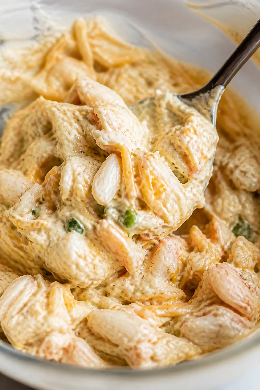 Close-up, 45-degree angle process shot of the creamy base being folded with large, intact lump crab