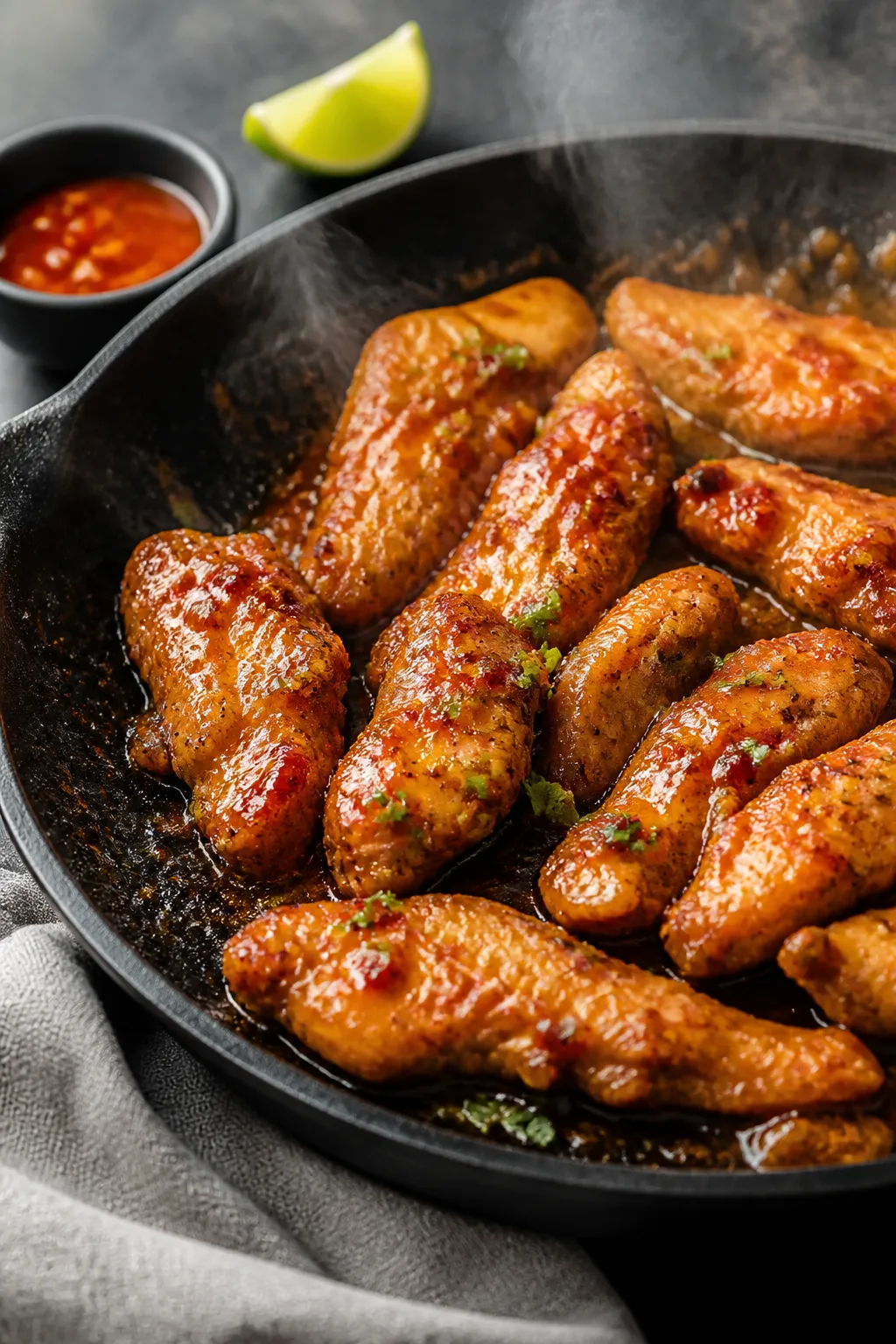 Close-up detail and cooking process: Sweet chili–glazed chicken strips sizzling in a skillet, gold