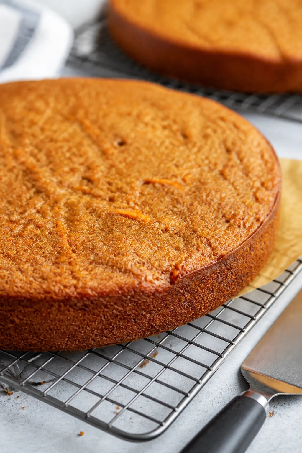 Close-up detail/cooking process: A freshly baked gluten-free, dairy-free carrot cake layer just rele