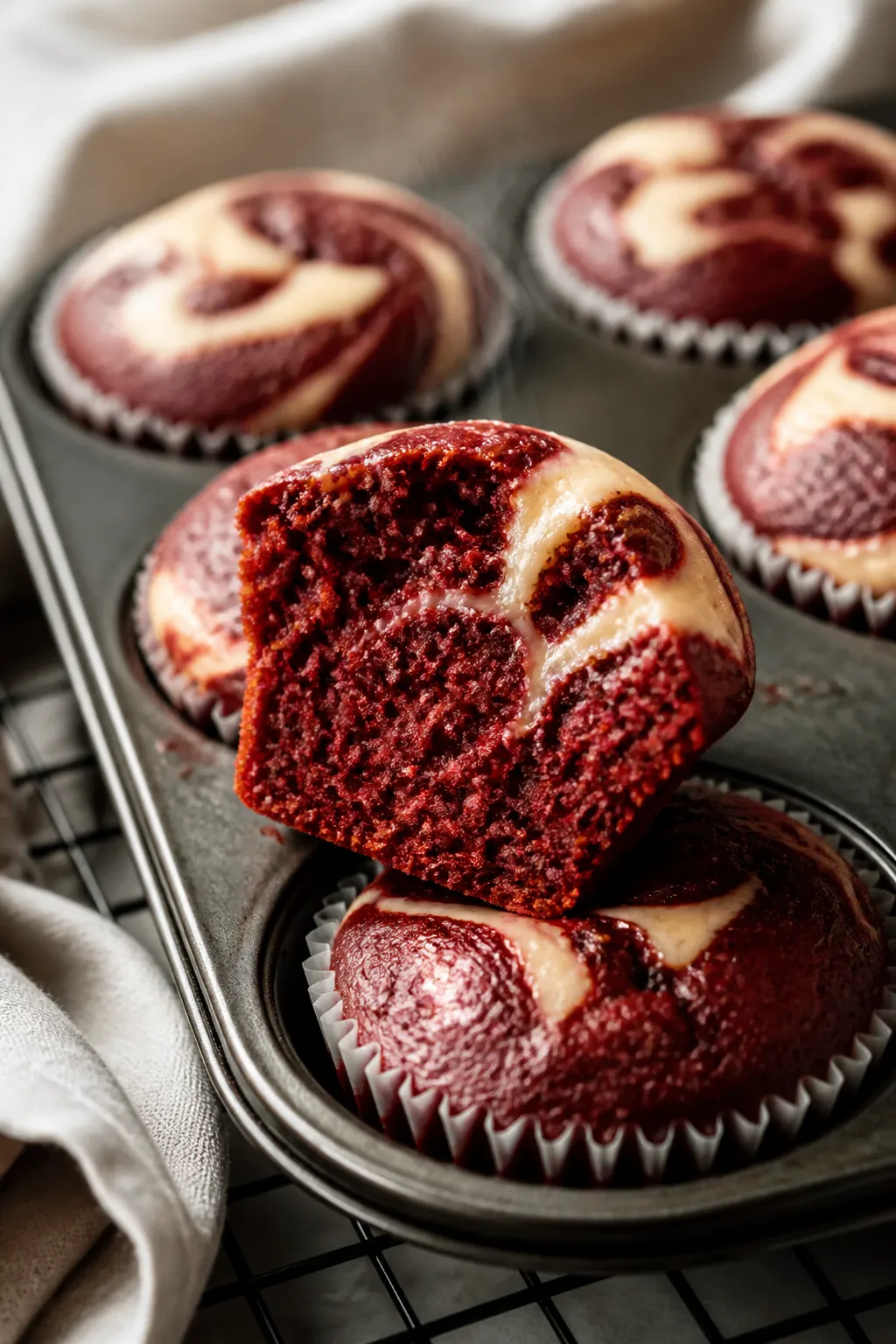 Close-up detail, cooking process: A muffin tin fresh from the oven with fully baked red velvet cream