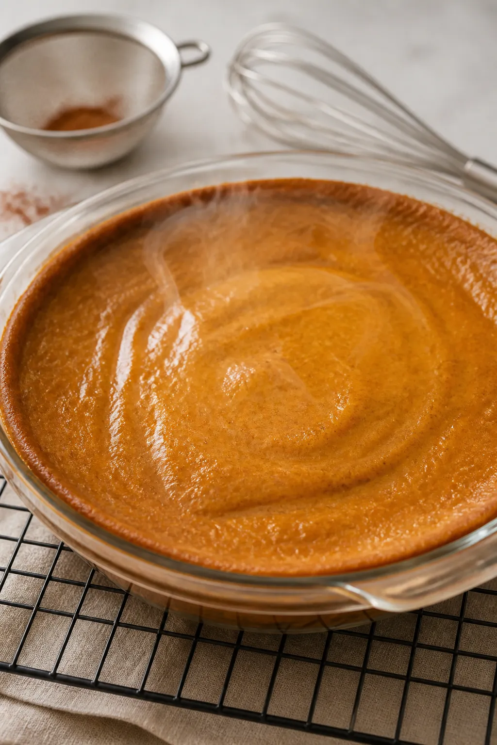 Close-up detail of a freshly baked crustless pumpkin pie just out of the oven, edges set with a subt