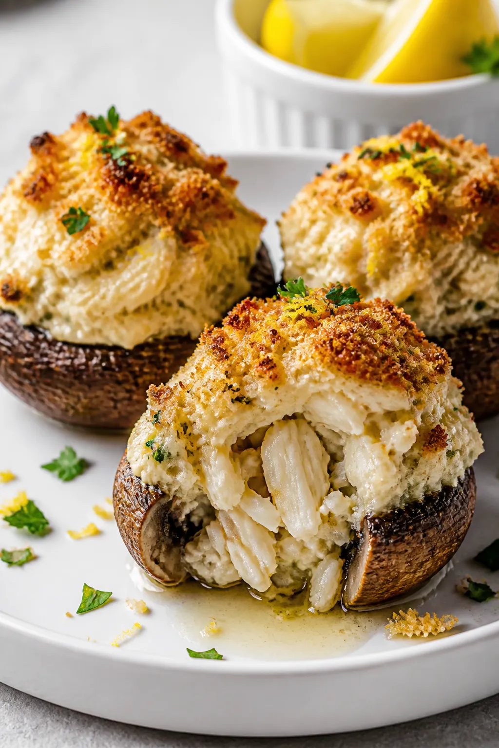 Close-up detail of a plated final serving: three crab stuffed mushrooms mounded high with creamy cra