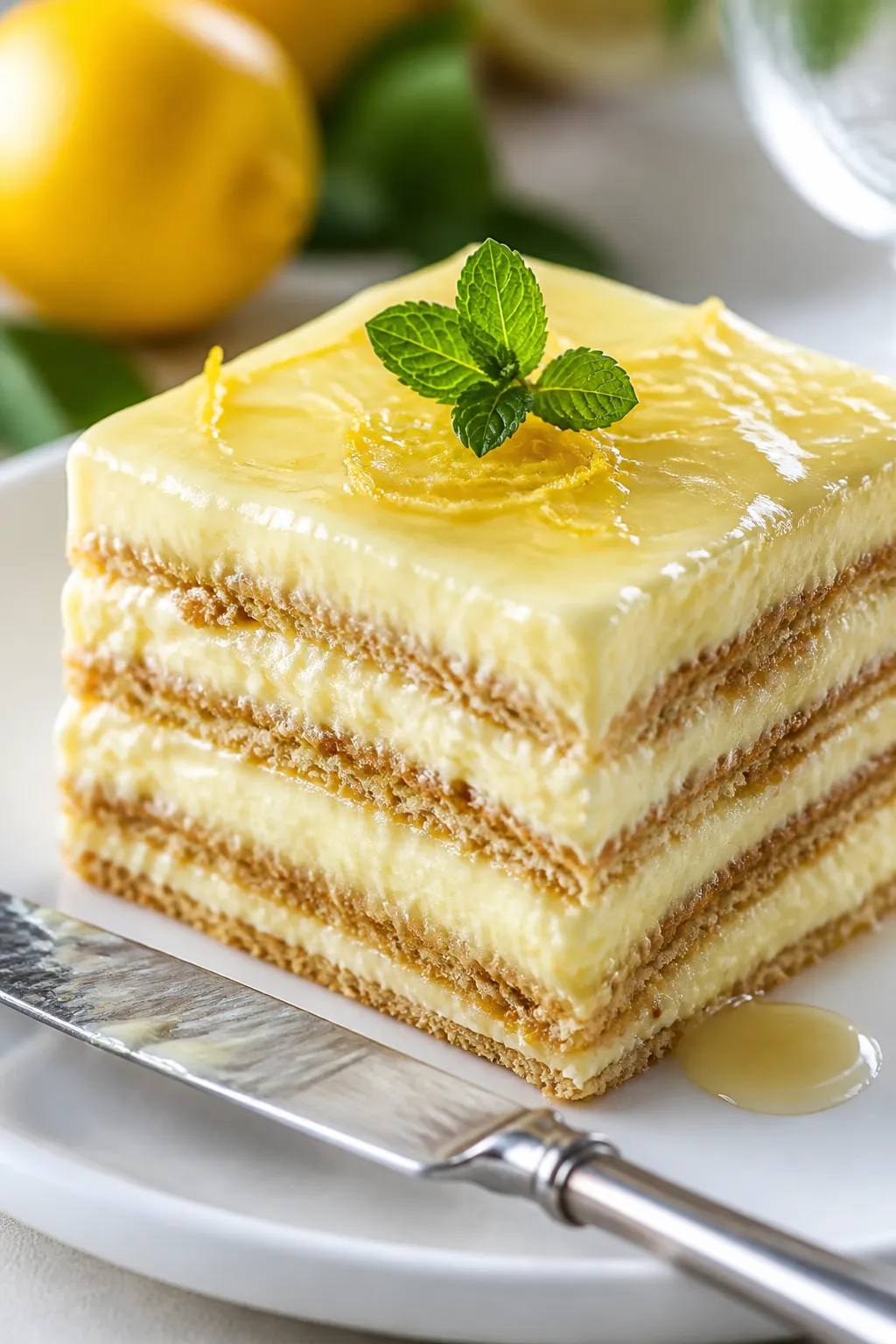 Close-up detail of a single plated square of the lemon eclair cake, neatly sliced to showcase distin