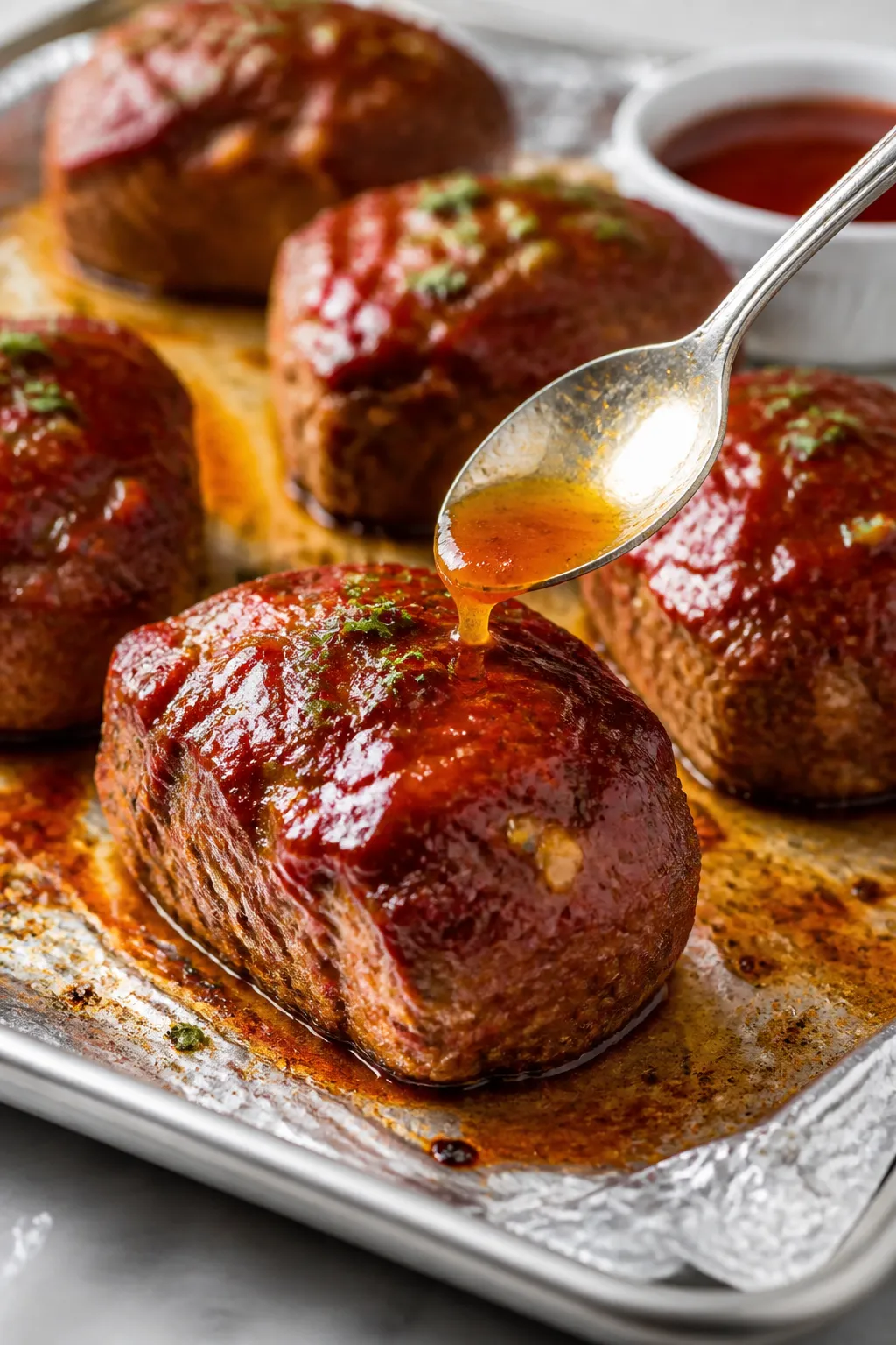 Close-up detail of mini meatloaves just out of the oven on a foil-lined sheet pan, glossy ketchup–