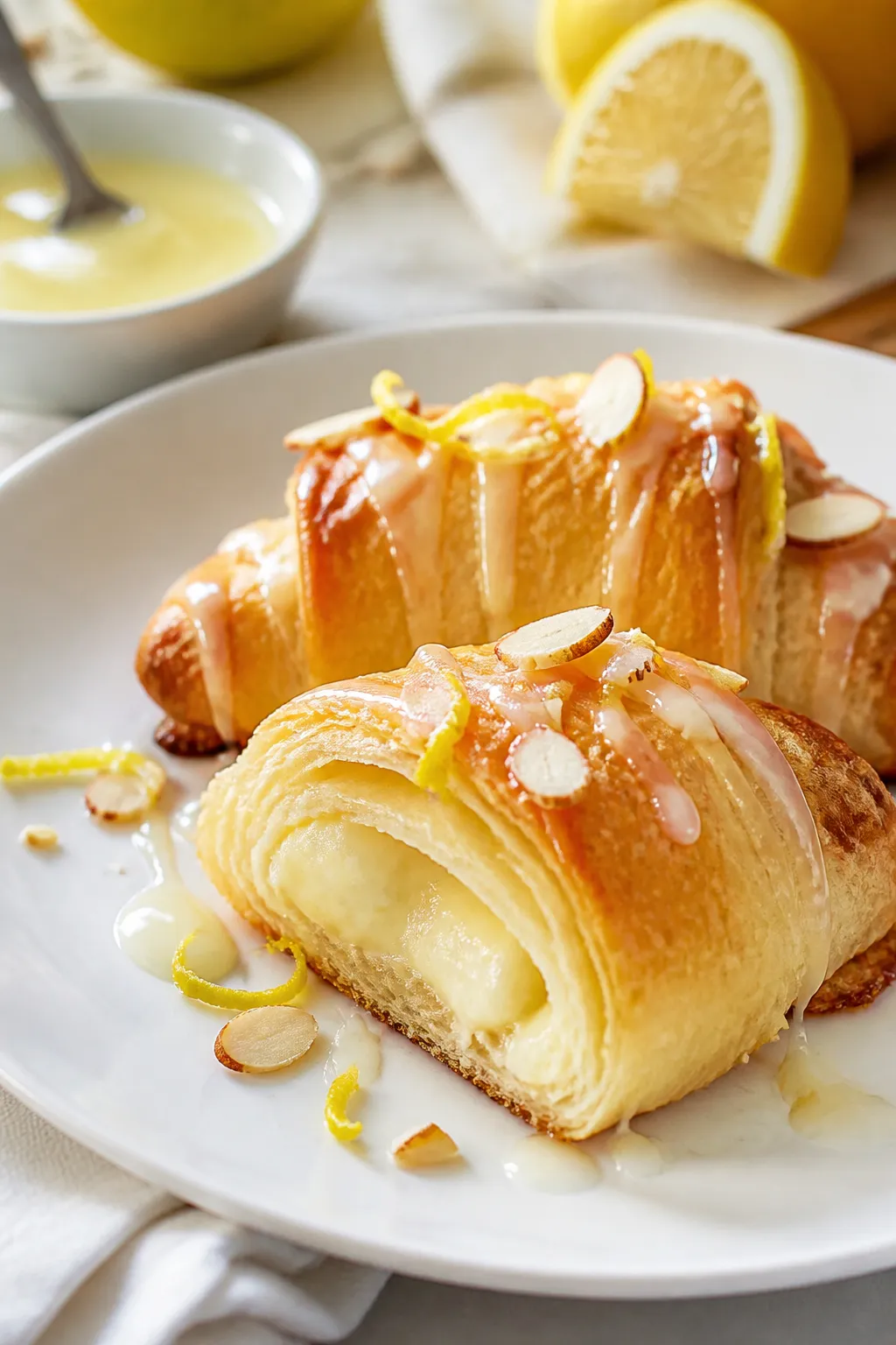 Close-up detail of plated lemon cheesecake crescent rolls for serving: two crescents on a matte whit
