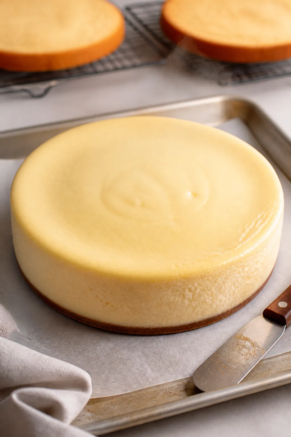 Close-up detail, process shot: A perfectly baked 9-inch cheesecake layer just released from a spring