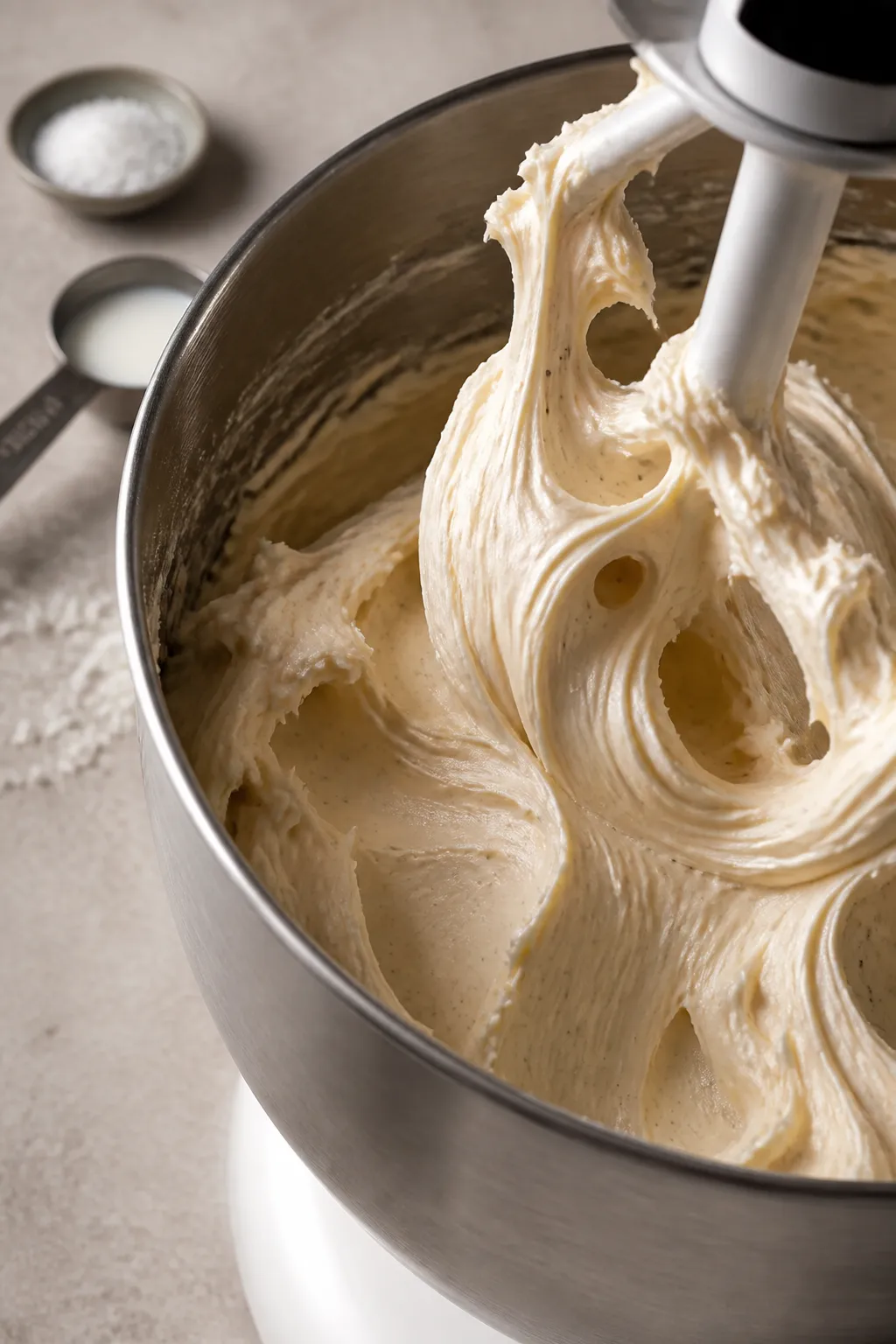 Close-up detail/process shot: A stand mixer bowl with pale, whipped vanilla buttercream mid-whip, sh