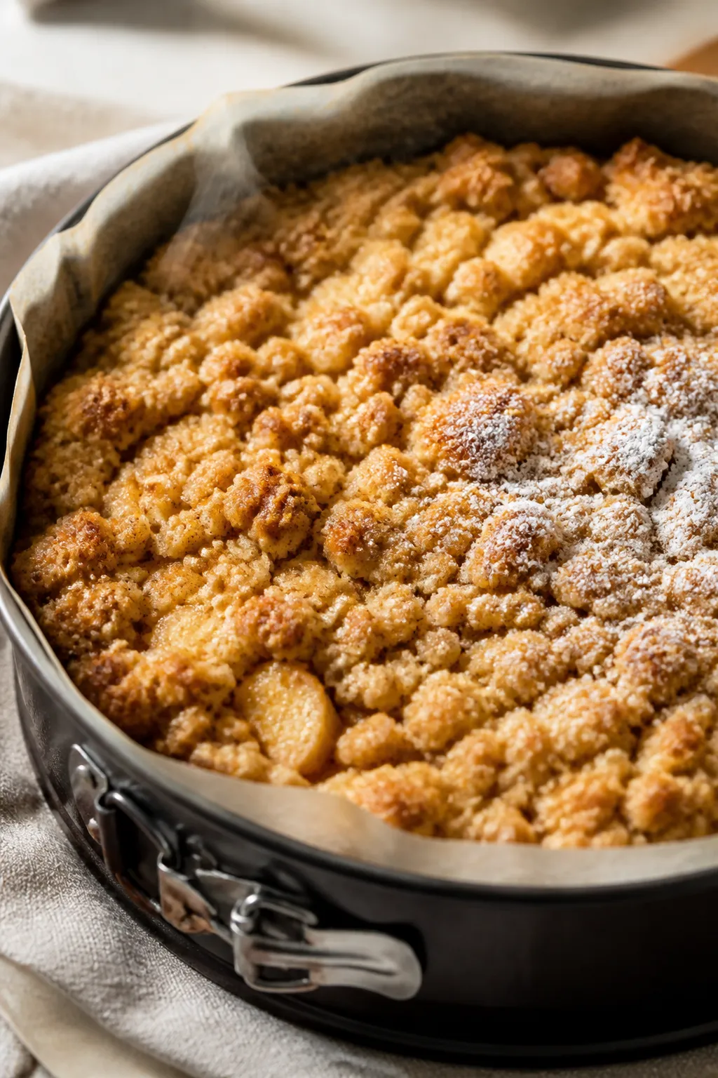 Close-up detail/process shot: Apple crumble cake just out of the oven in a 9-inch springform pan, cr