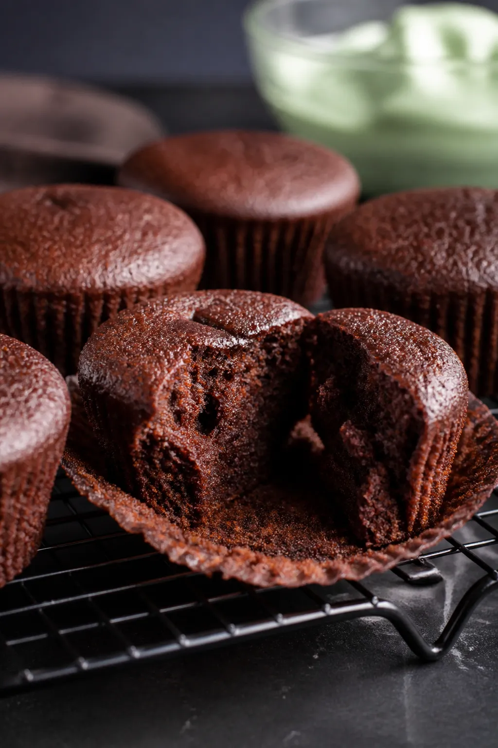 Close-up detail, process shot: Freshly baked mint chocolate cupcakes just out of the tin, de-linered