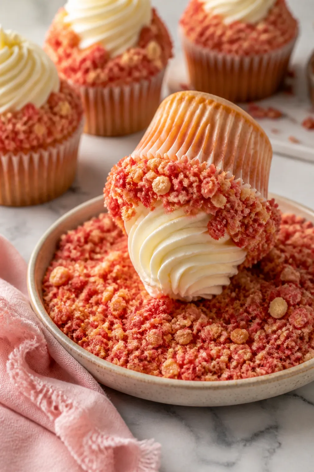 Close-up detail/process shot: Freshly frosted strawberry crunch cupcakes being finished—hand off-f