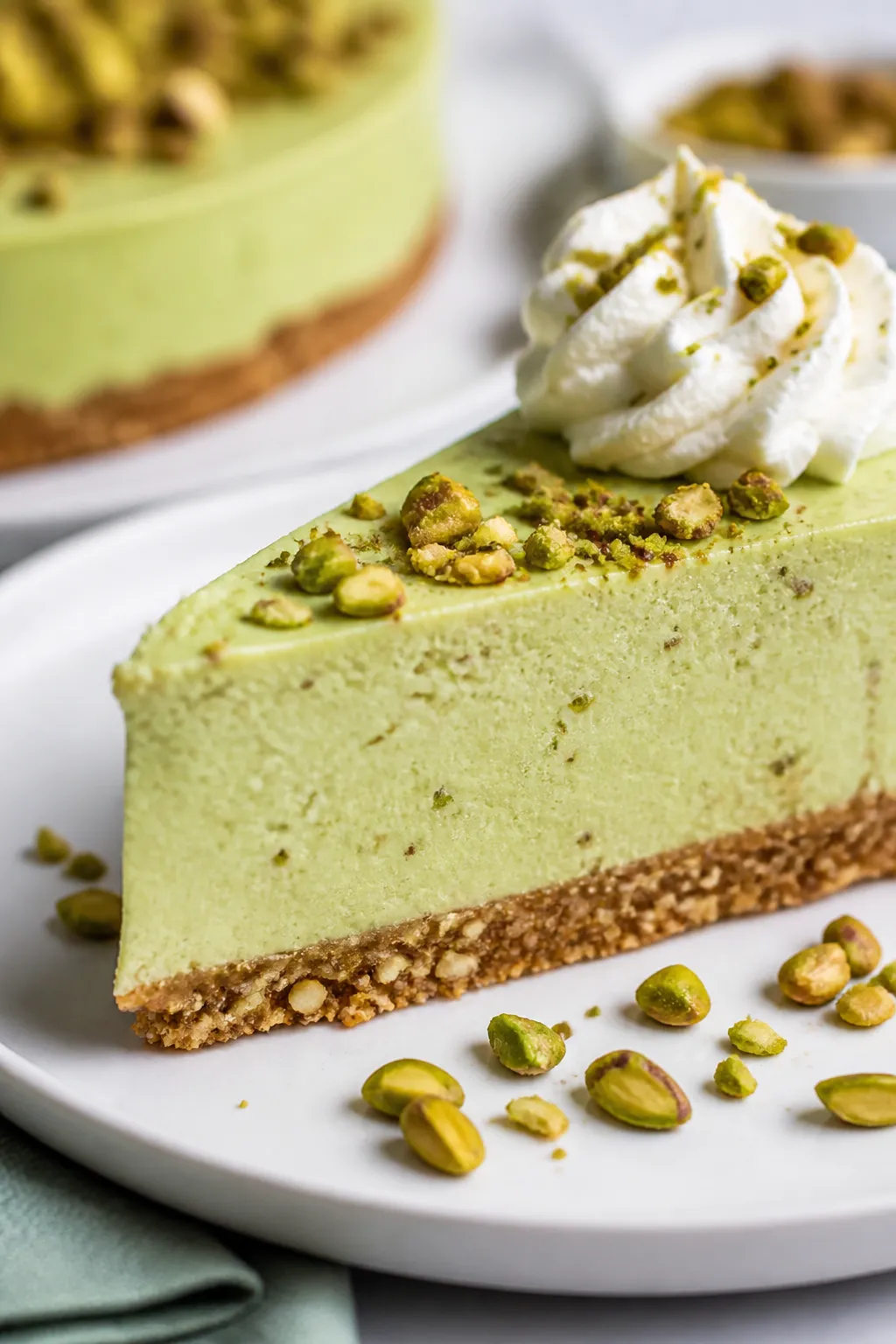 Close-up detail shot: A chilled slice of keto pistachio no-bake cheesecake lifted slightly from the