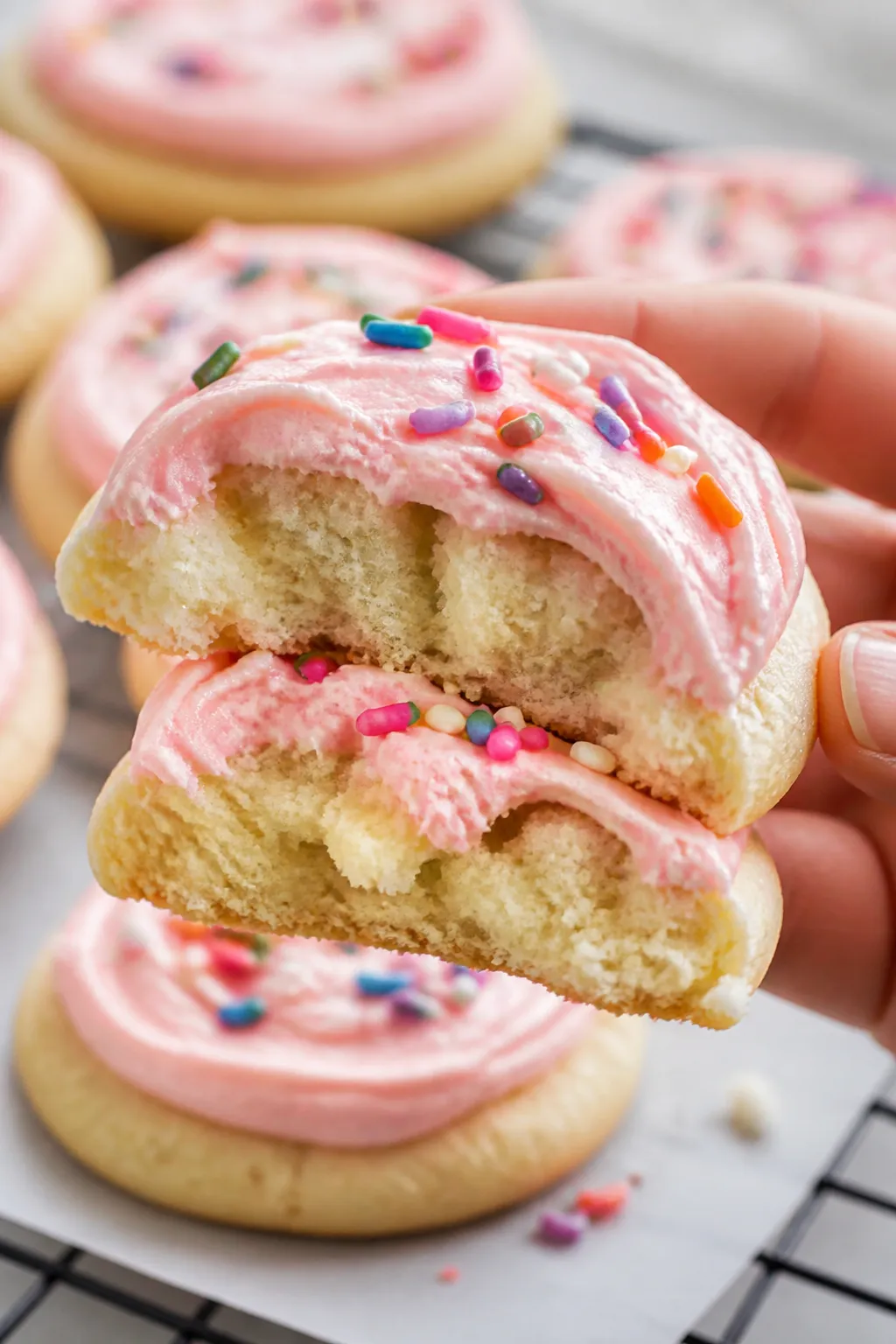 Close-up detail shot: A just-frosted gluten-free Lofthouse cookie held on a parchment-lined cooling