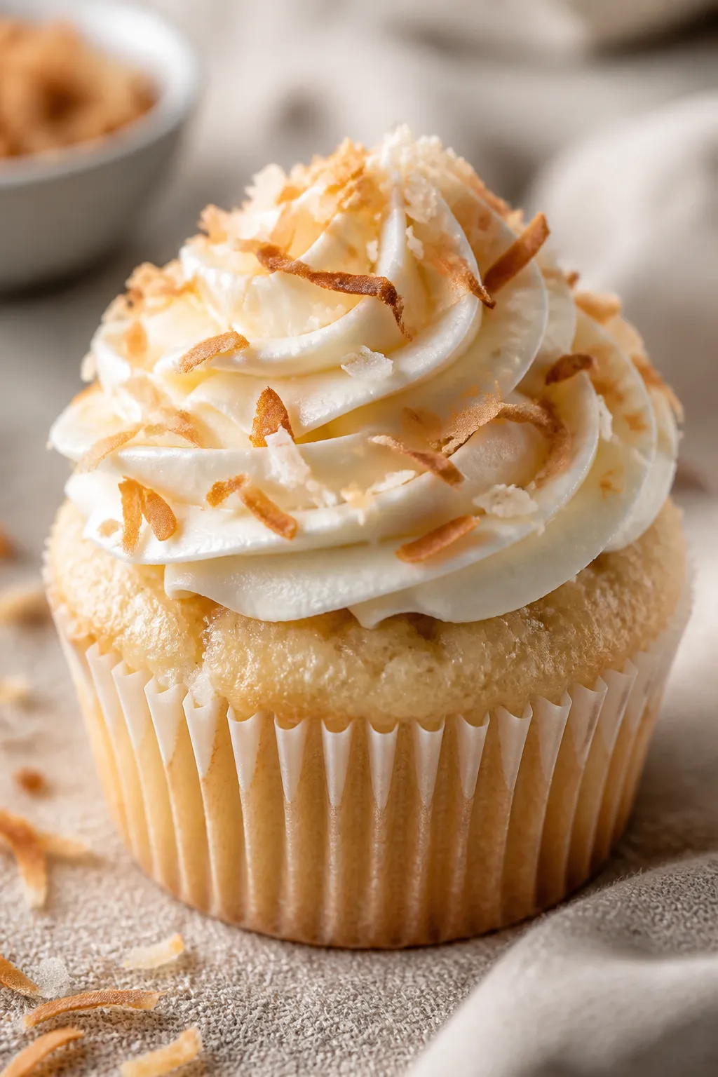 Close-up detail shot: A single triple coconut cupcake freshly frosted, captured at a 45-degree angle