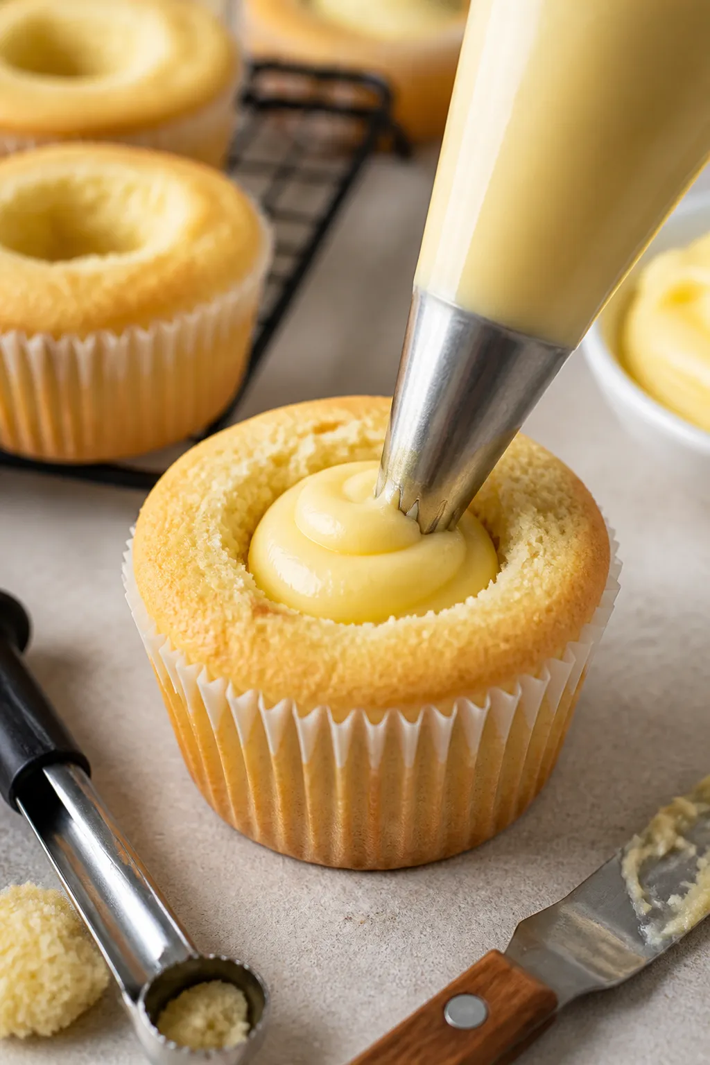 Close-up detail shot of a filled Boston Cream Pie cupcake mid-assembly: a cooled vanilla cupcake wit