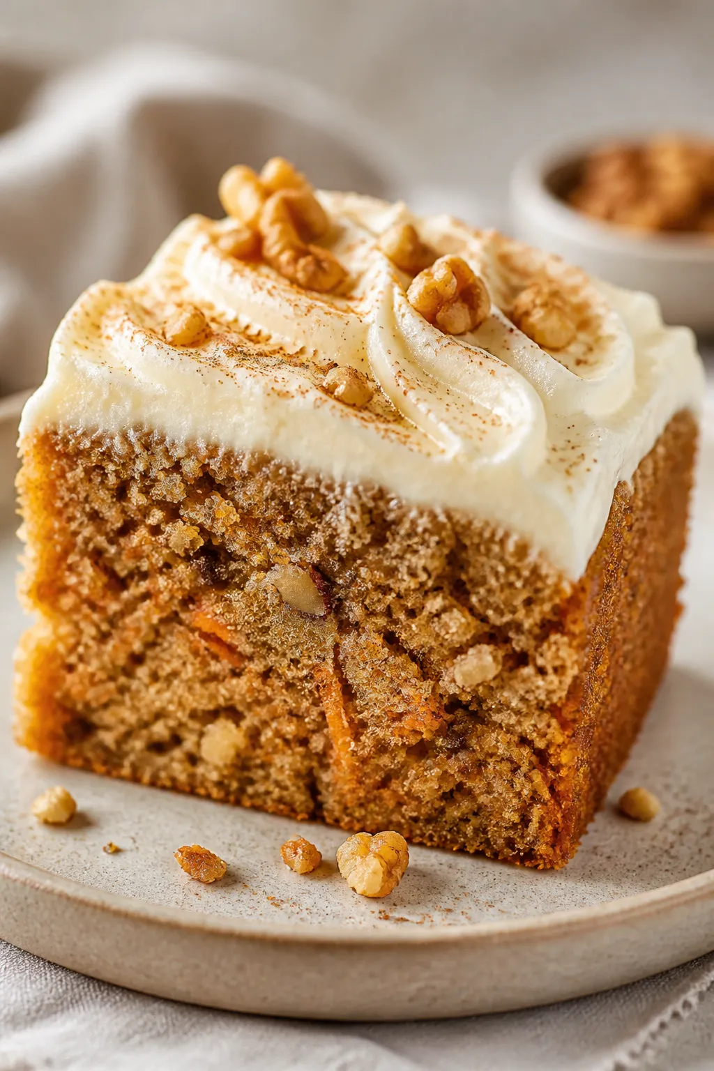 Close-up detail shot of a freshly frosted vegan gluten-free carrot cake slice, showing a tender, moi