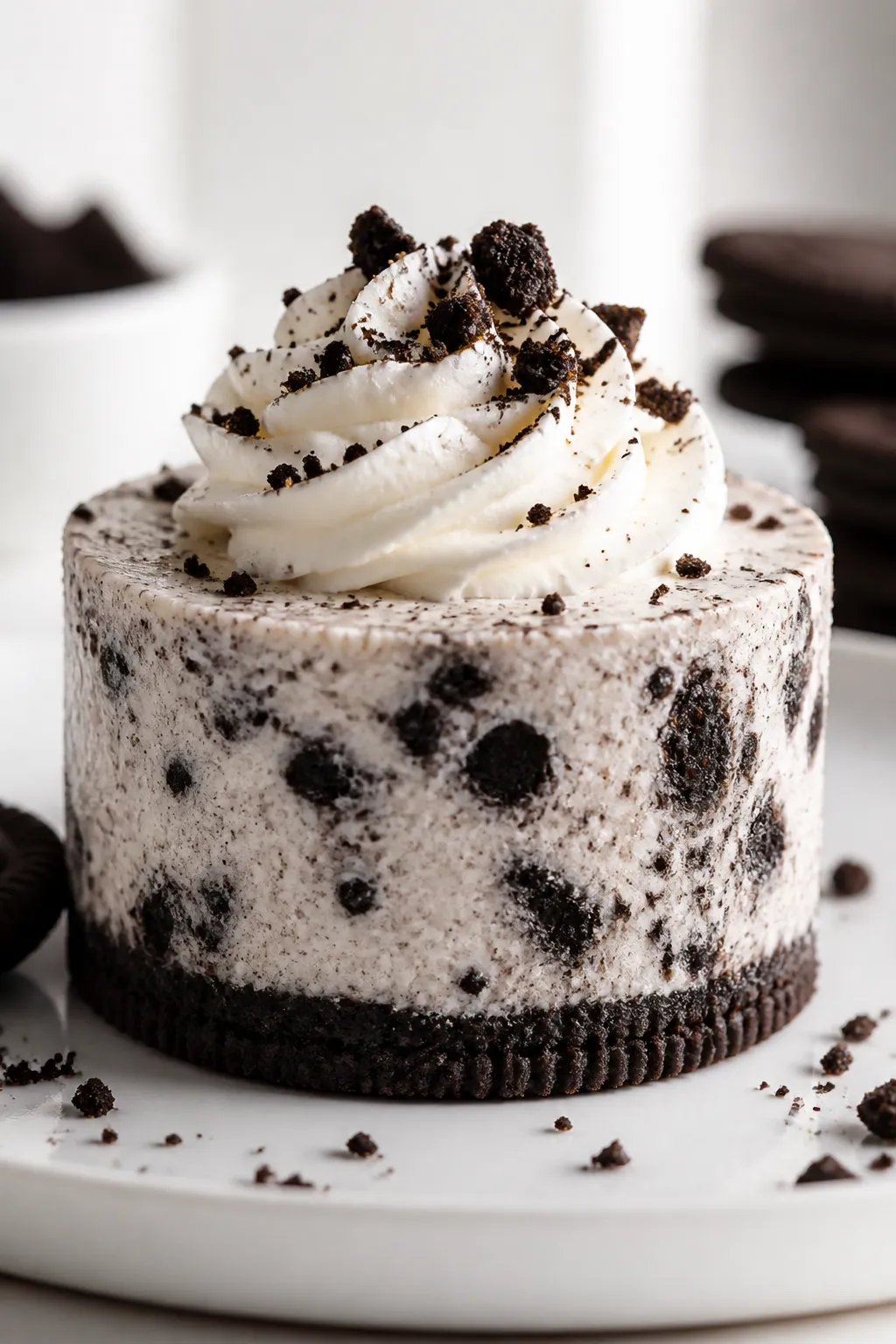 Close-up detail shot of a no-bake mini Oreo cheesecake just after chilling, paper liner peeled away