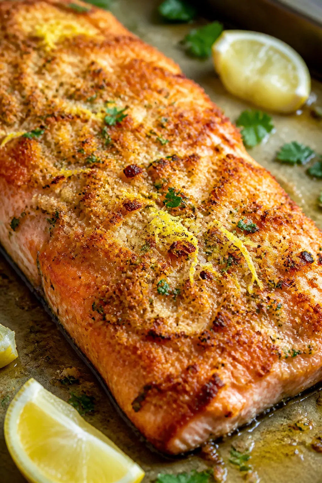 Close-up detail shot of crispy parmesan-crusted baked salmon just out of the oven: golden-brown pank