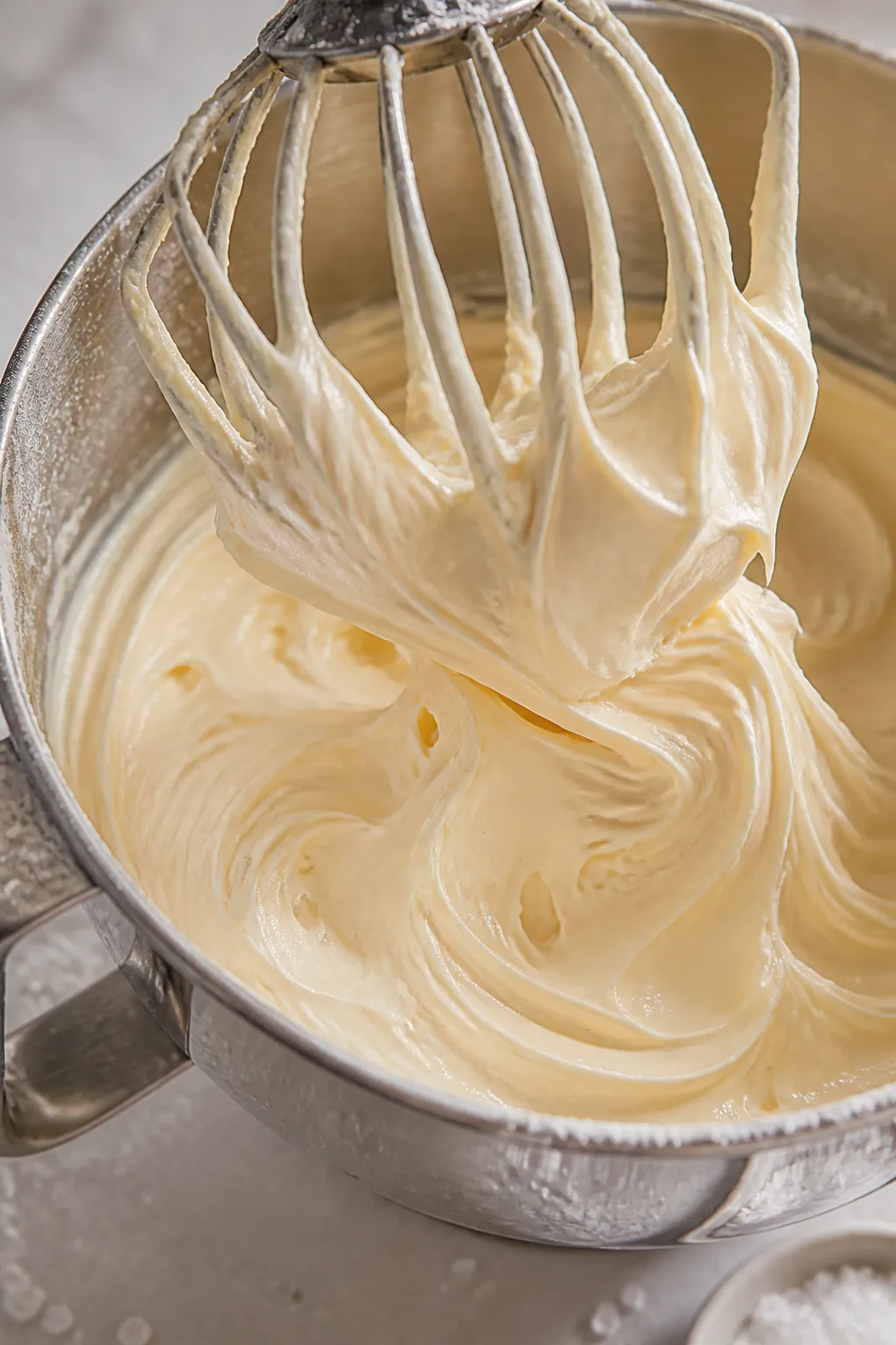 Close-up detail shot of silky vanilla buttercream being whipped to billowy peaks in a stand mixer bo