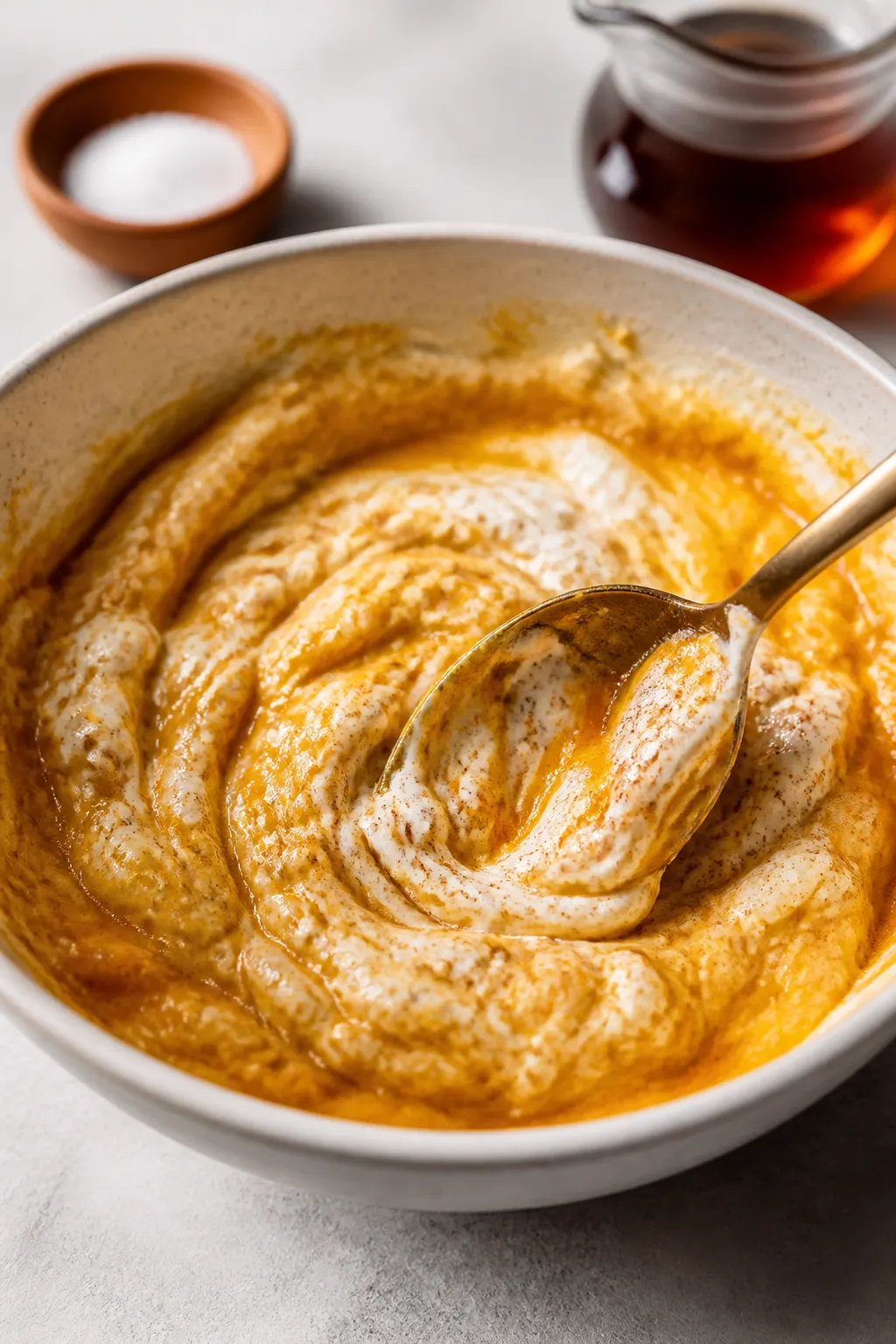 Close-up process shot showing the mixture being finished in the serving bowl: a spoon mid-stir revea