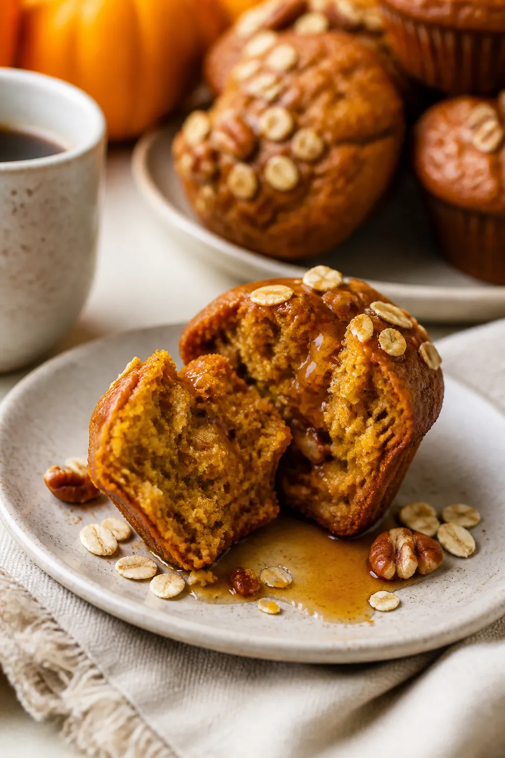 Close-up, three-quarter angle of a halved pumpkin muffin on a small ceramic plate, showing tender, m