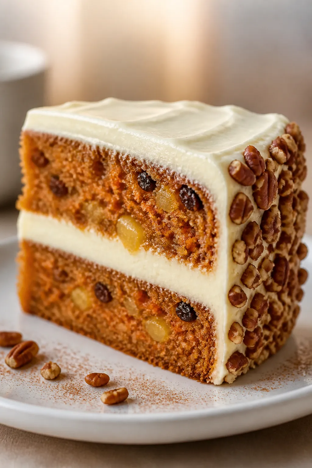 Close-up three-quarter angle of a two-layer gluten free carrot cake slice on a matte white dessert p