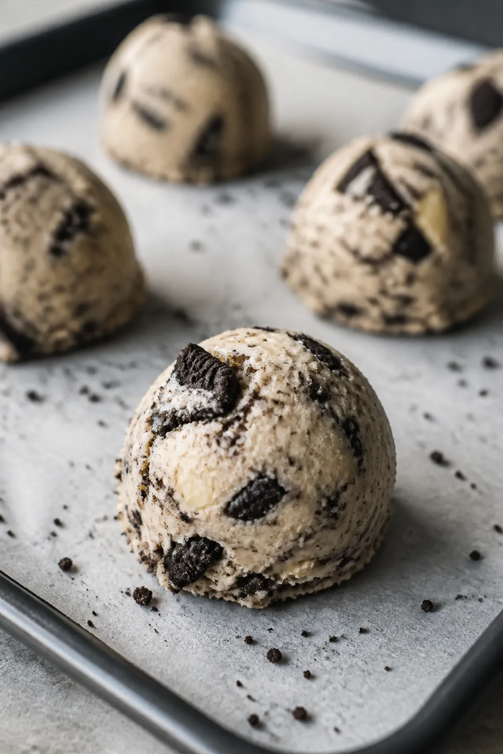 Cooking process close-up: Chilled Oreo cheesecake cookie dough scoops on a parchment-lined baking sh