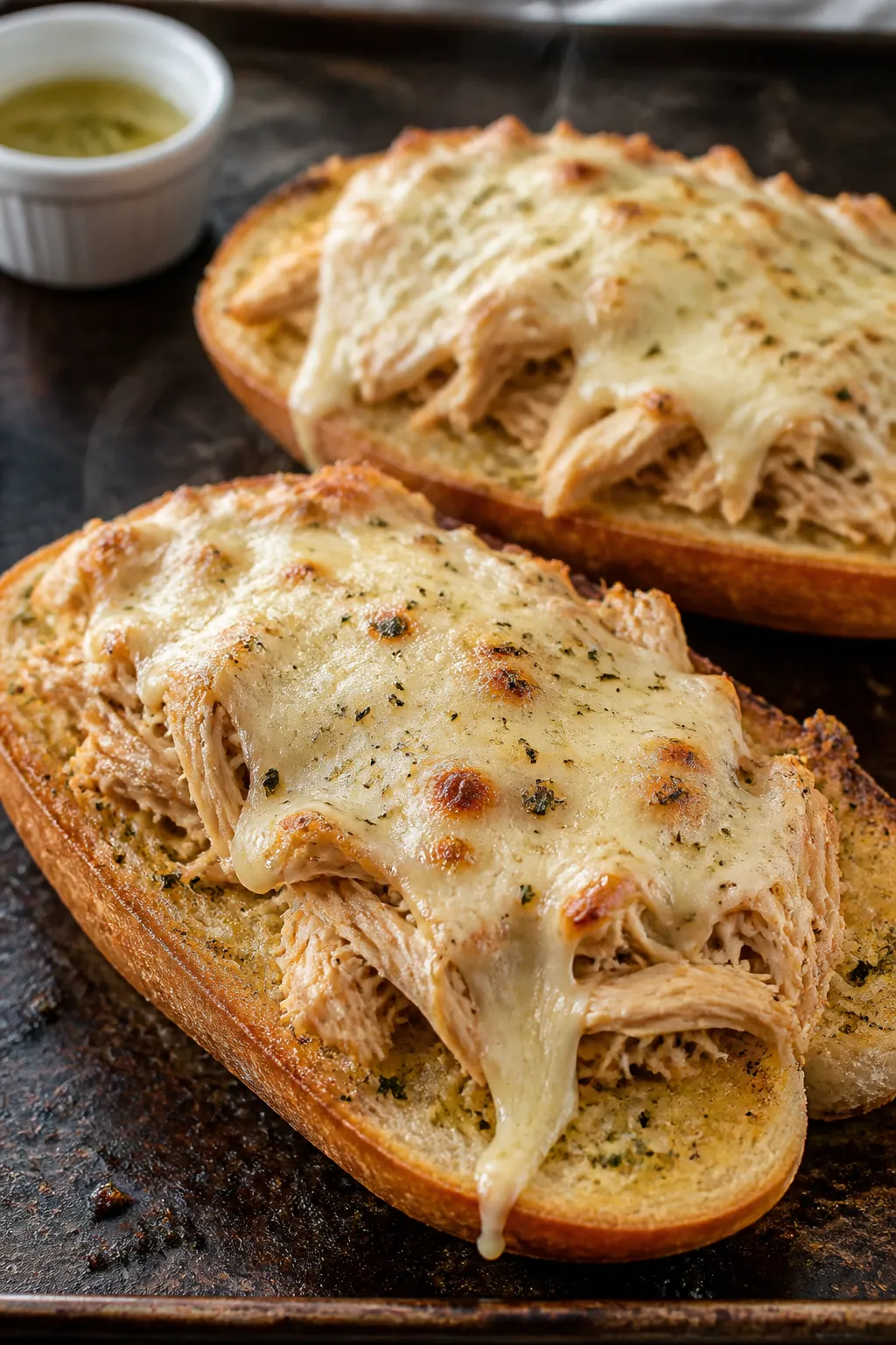 Cooking process, close-up detail: Broiler scene of open sub rolls acting as garlic bread “buns,”