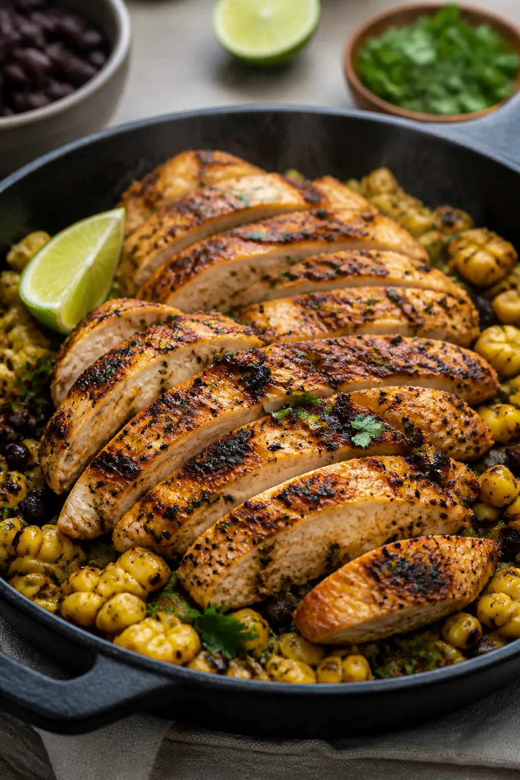 Cooking process, close-up detail: Sliced grilled chicken just rested and being fanned over a skillet