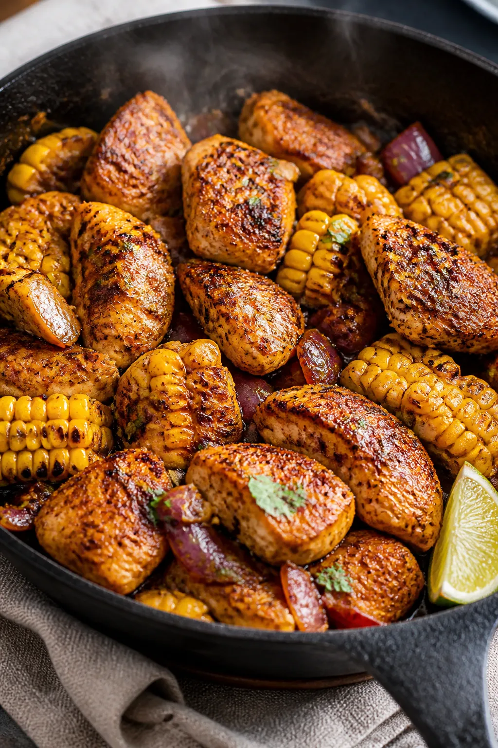 Cooking process close-up: Juicy chili-lime spiced chicken pieces and corn charring together in a lar