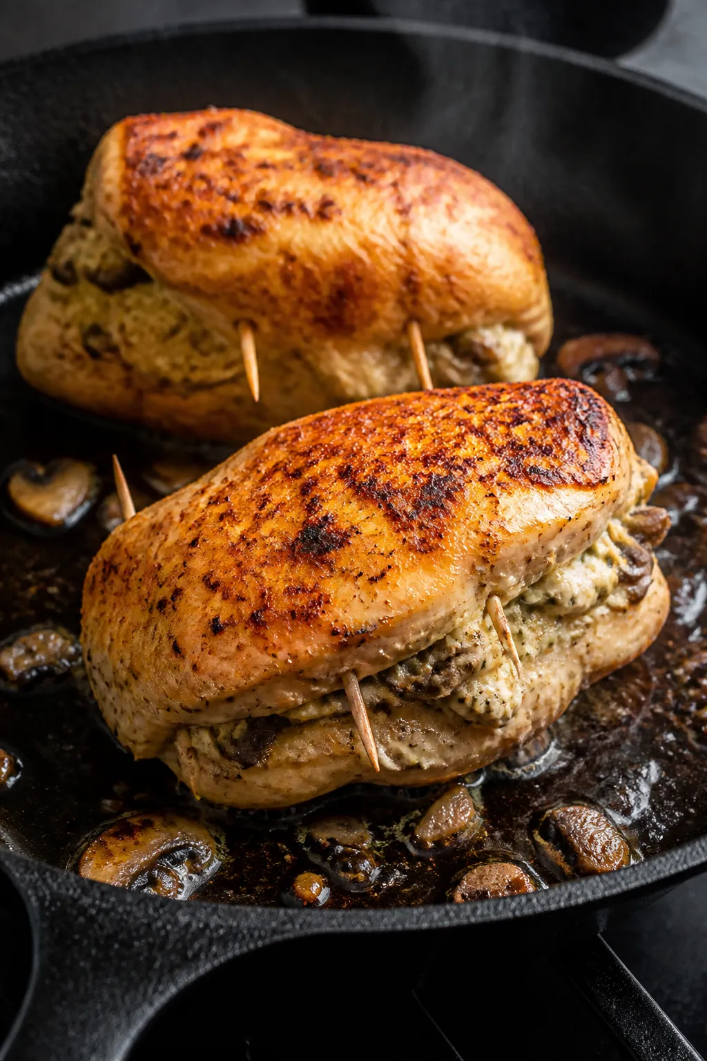Cooking process close-up: Searing garlic mushroom stuffed chicken breasts in a cast-iron skillet on
