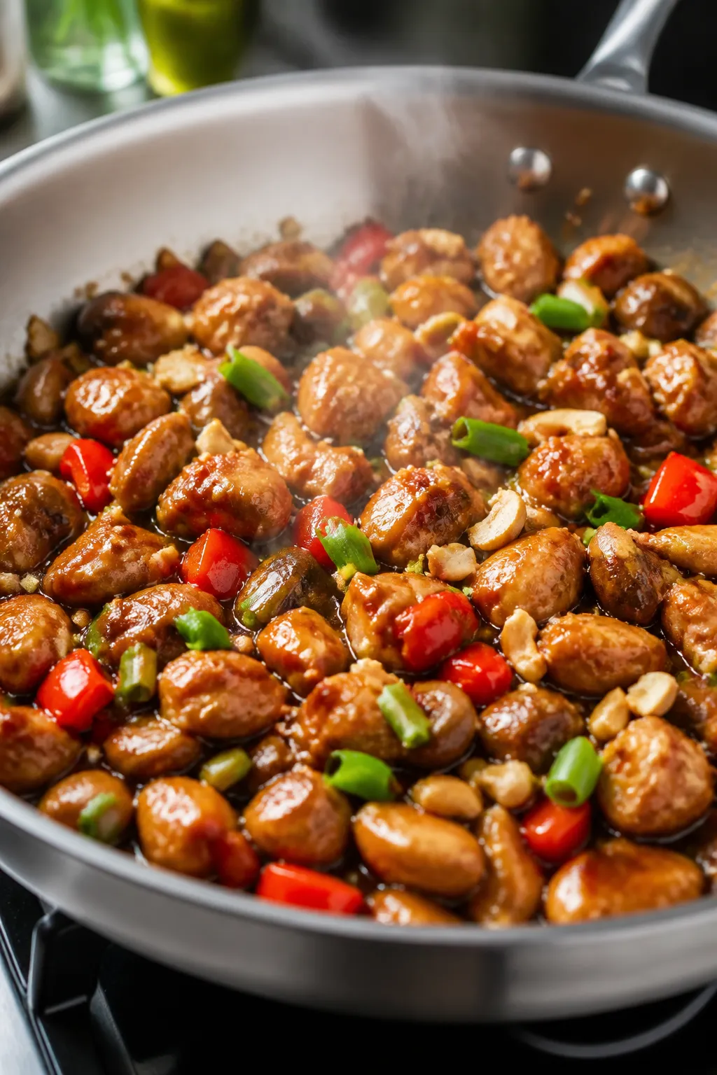 Cooking process close-up: Sizzling cashew chicken filling in a wide stainless skillet, medium-high h