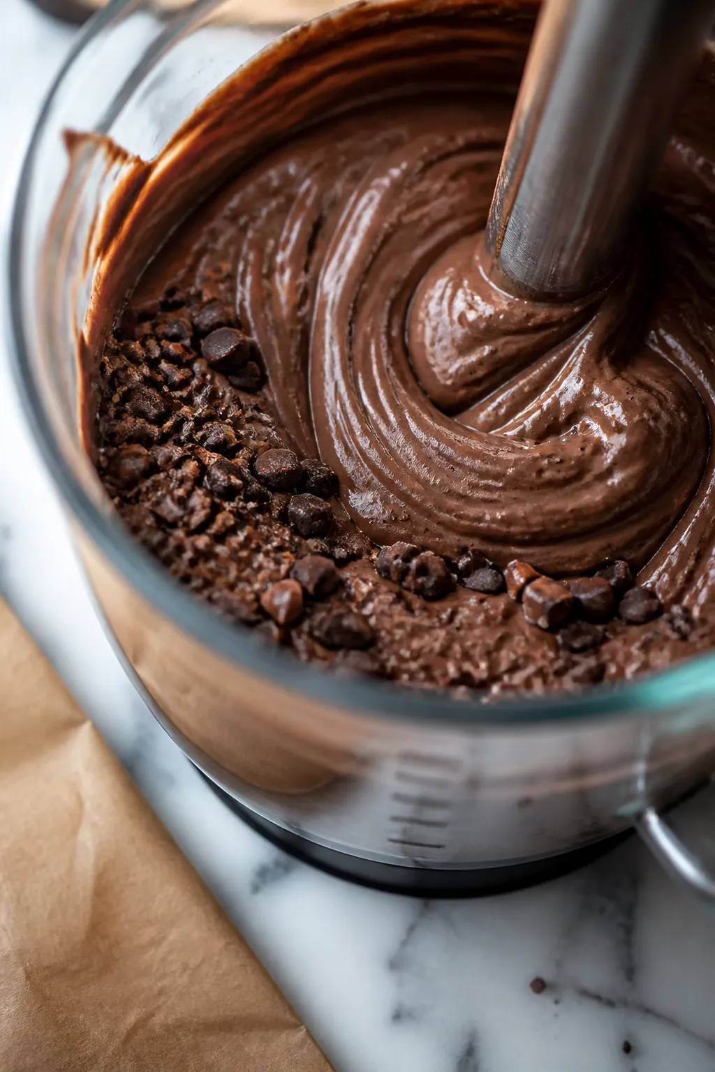 Cooking process close-up: Thick, glossy chocolate Greek yogurt ice cream base being blended to silki