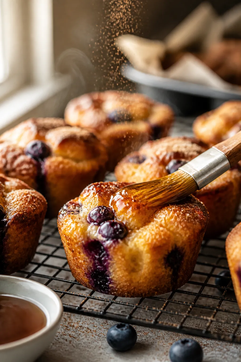 Cooking process close-up: Warm Blueberry French Toast Cupcakes just out of the oven on a wire rack,