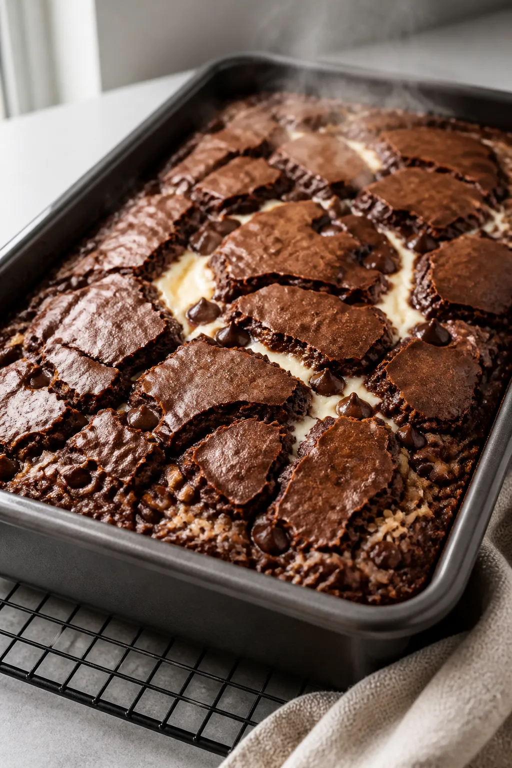 Cooking process — Gooey Chocolate Earthquake Cake mid-bake: close-up, three-quarter angle of a 9x1