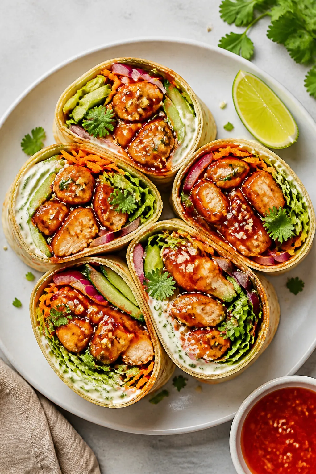 Final dish overhead: Overhead shot of a sliced sweet chili chicken wrap on a matte white plate, tigh