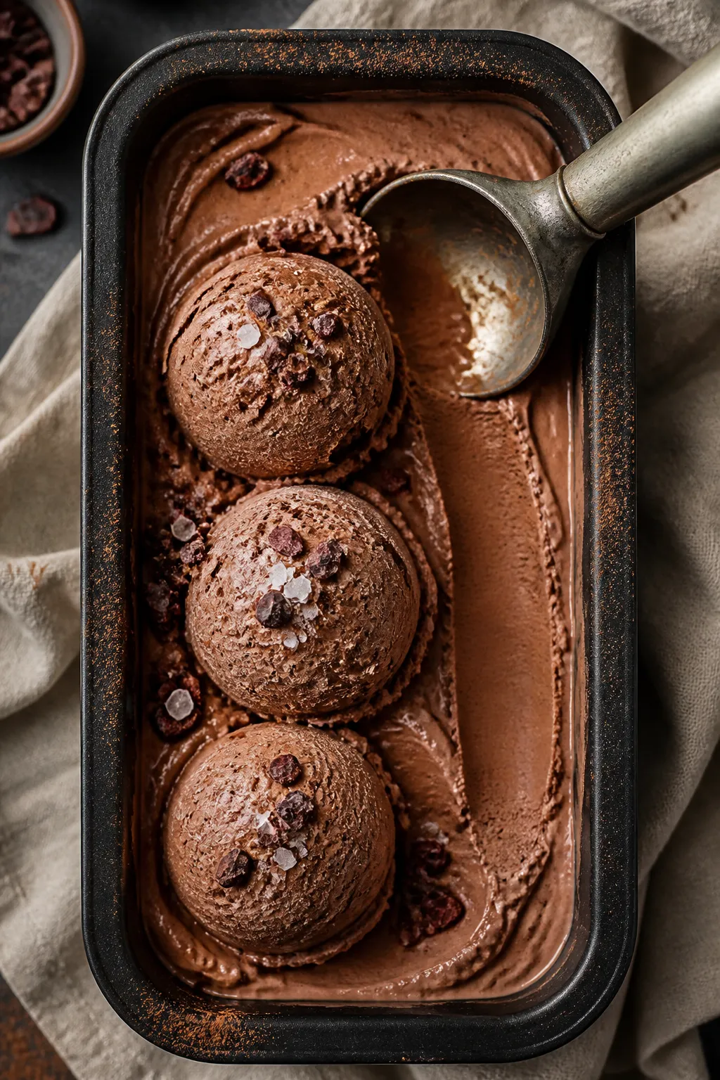 Final dish overhead: Overhead shot of scooped chocolate Greek yogurt ice cream in a shallow, matte-b