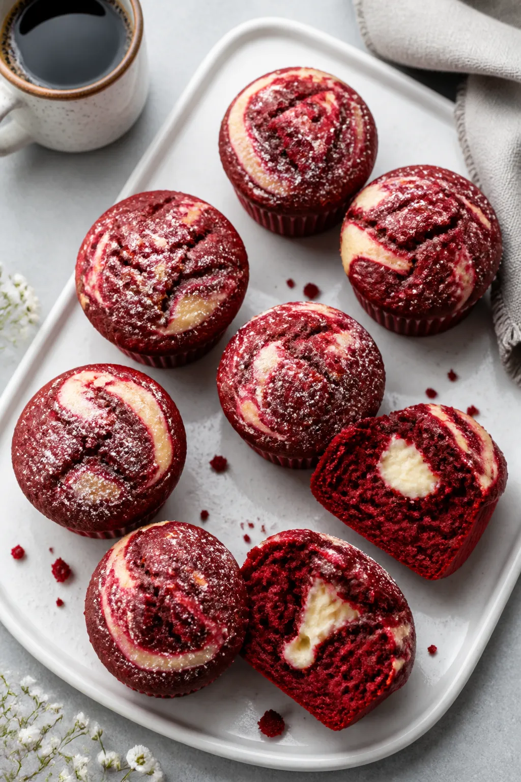 Final dish, tasty top view: Overhead shot of 6–8 bakery-style red velvet cream cheese muffins arra