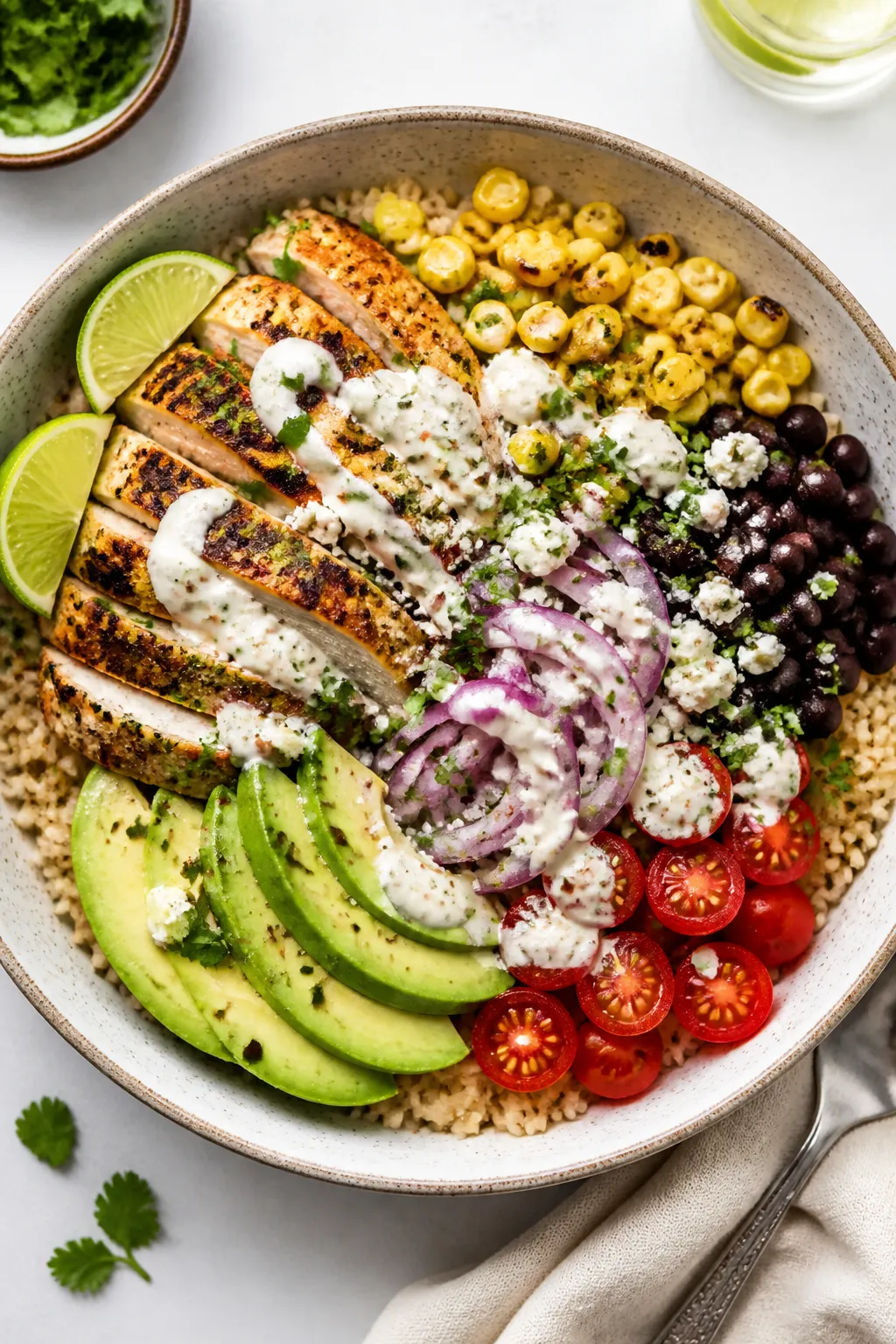 Final dish, tasty top view: Overhead shot of a Healthy Street Corn Chicken Bowl beautifully arranged