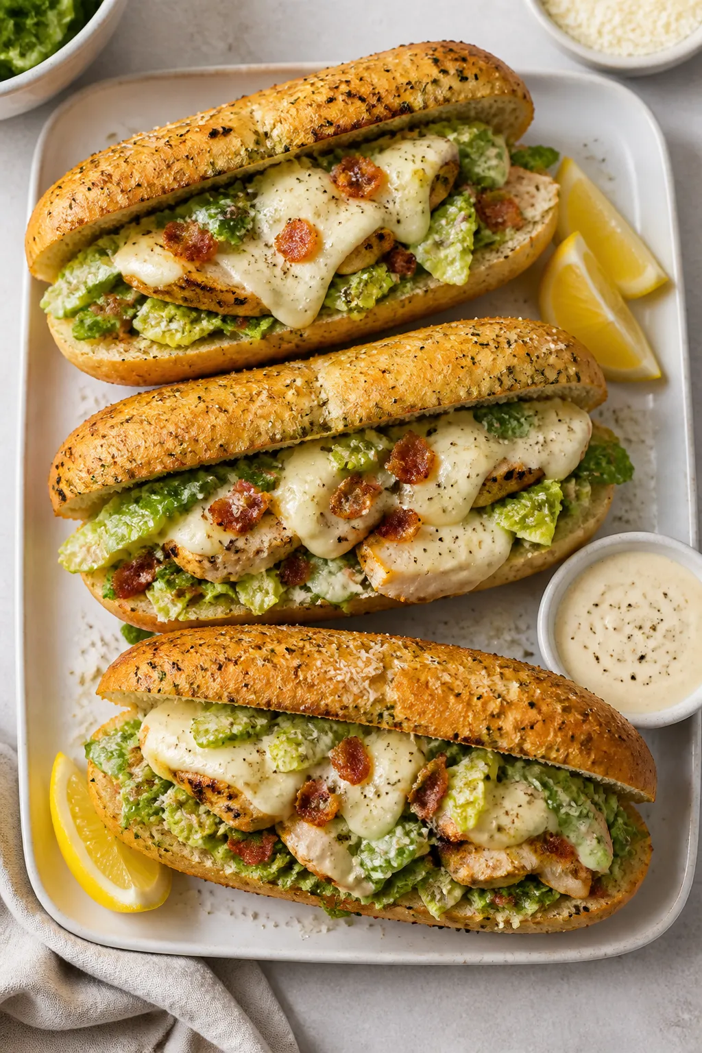Final dish, tasty top view: Overhead shot of assembled Garlic Bread Chicken Caesar Salad Subs on a m