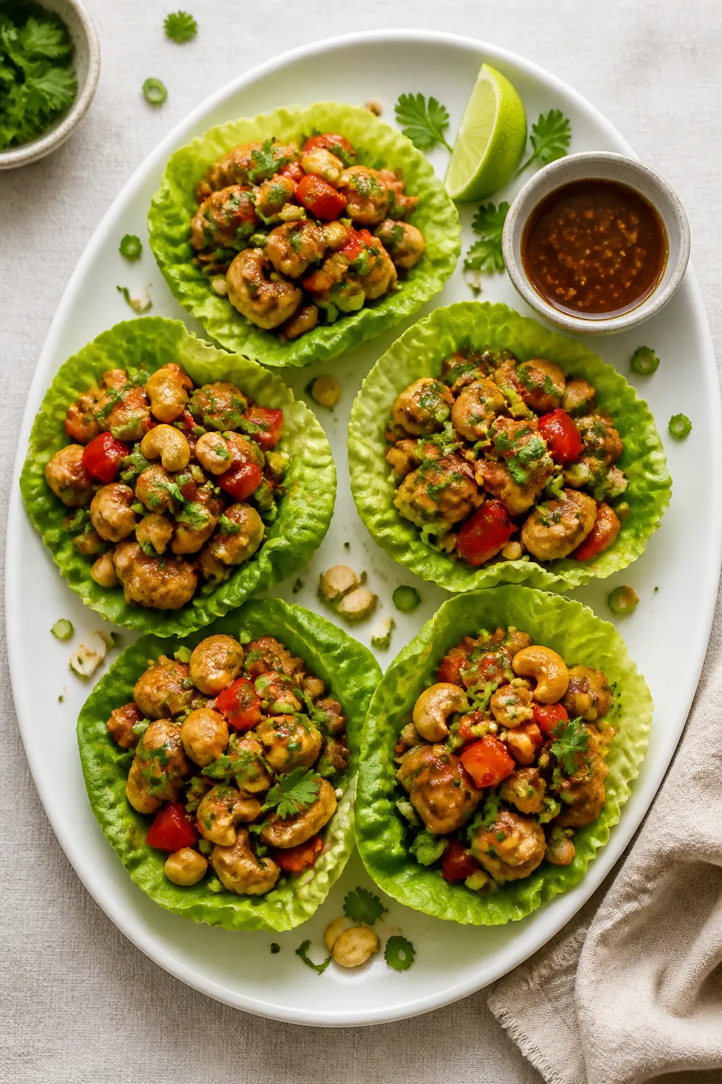 Final plated overhead: Cashew chicken lettuce wraps arranged on a matte white platter. Butter lettuc
