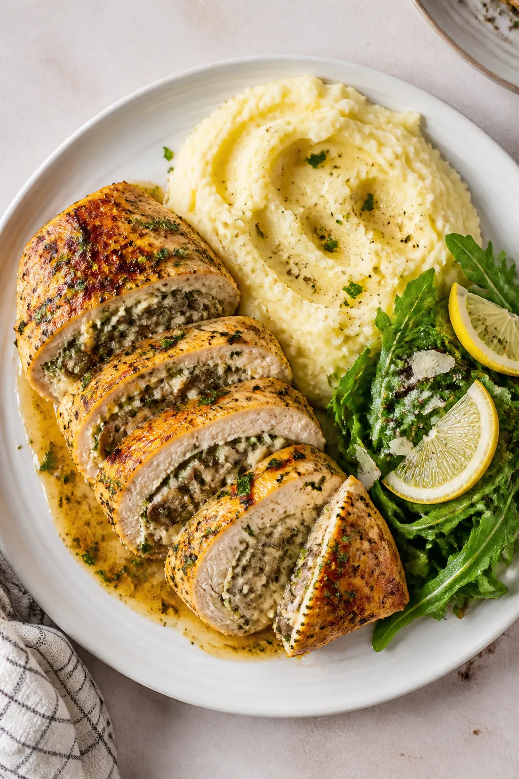 Final plated overhead: Overhead shot of juicy garlic mushroom stuffed chicken breast sliced to revea