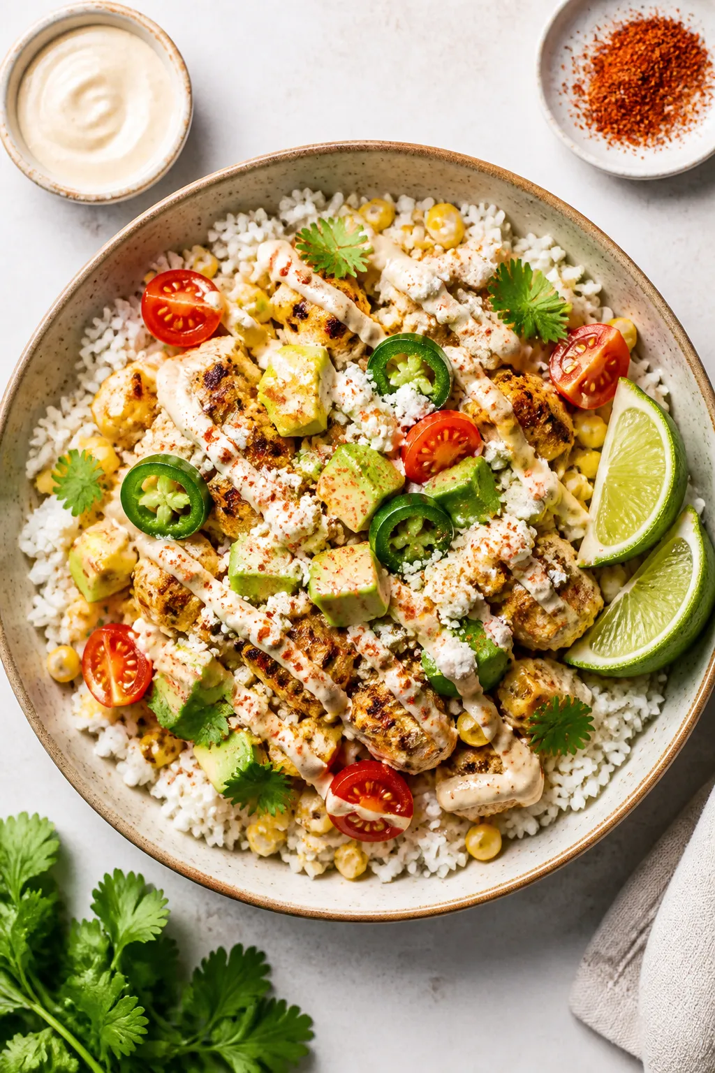 Final plated overhead: Street Corn Chicken Rice Bowl assembled in a wide, shallow ceramic bowl—flu