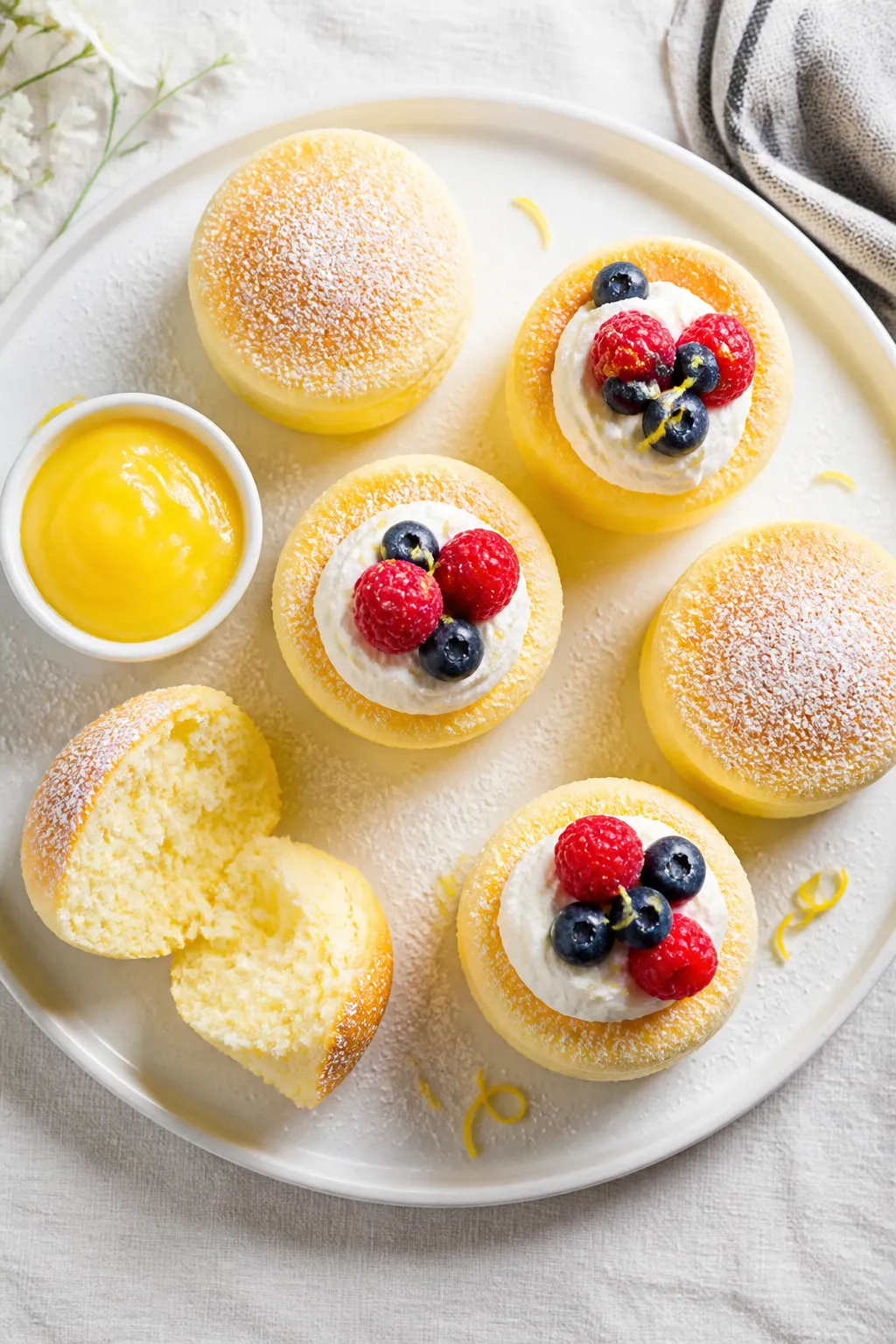 Final plated overhead: Tasty top-down shot of Japanese cotton cheesecake cupcakes on a matte white p