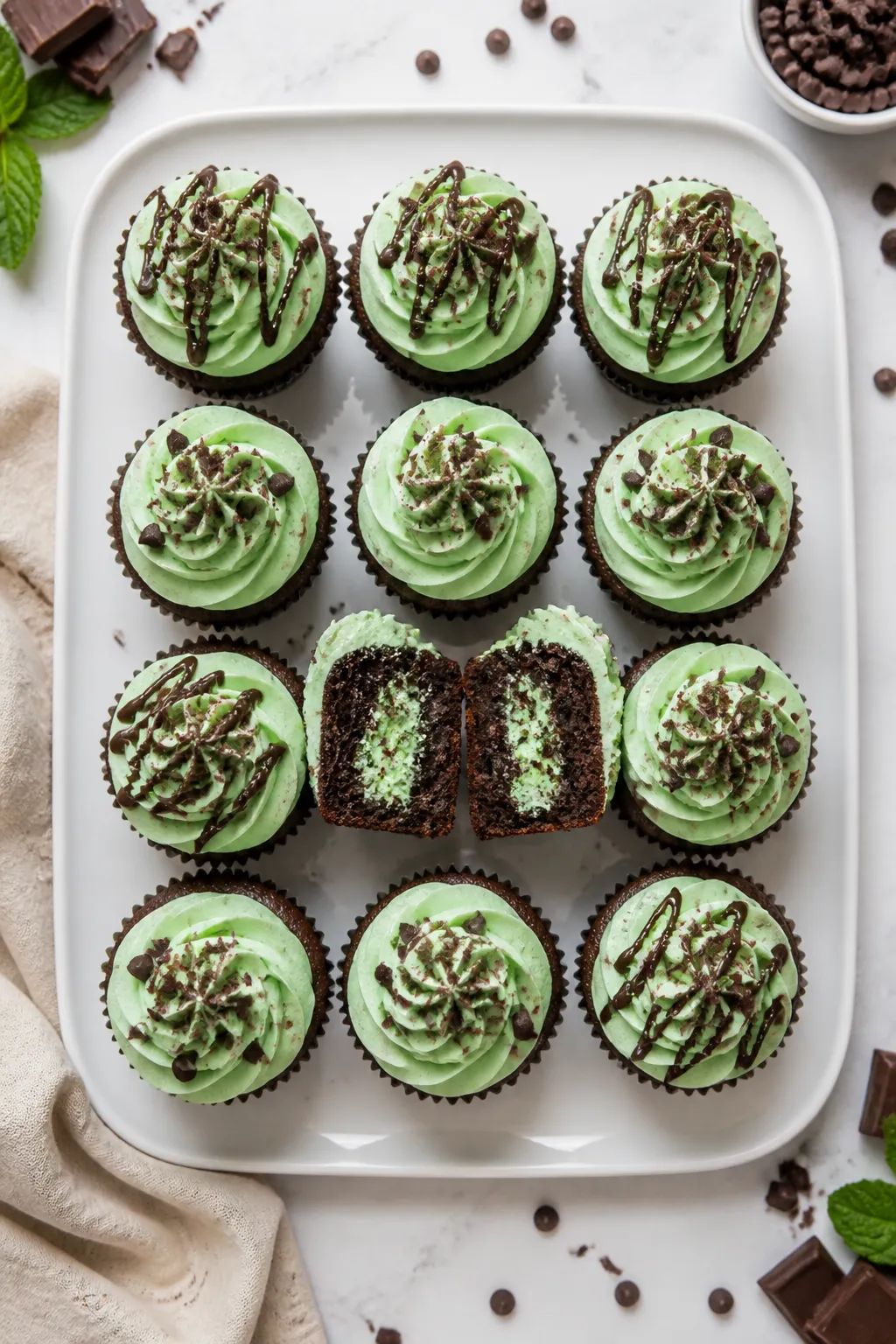 Final presentation, overhead shot: Twelve mint chocolate cupcakes neatly arranged on a matte white p