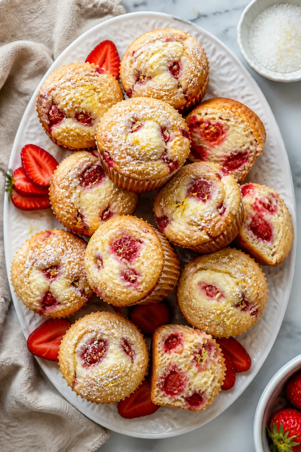 Final presentation overhead: Top-down shot of a bakery-style assortment of Strawberry Cream Cheese M