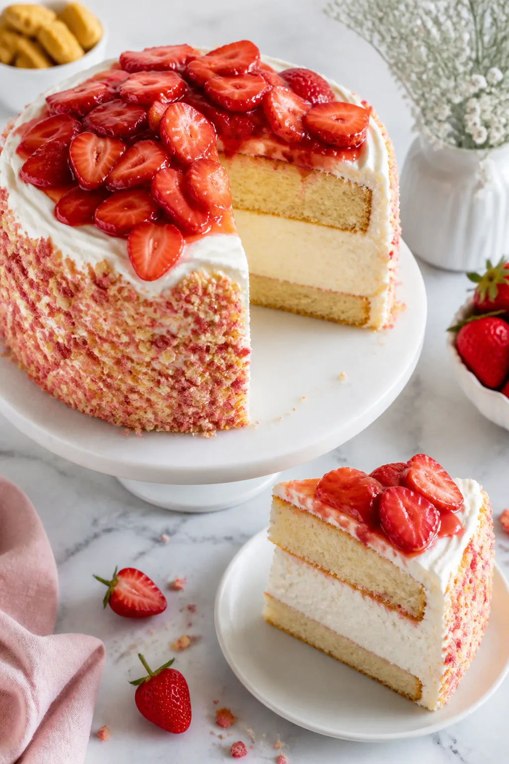 Final presentation, tasty top view: Overhead shot of the fully assembled Strawberry Shortcake Cheese