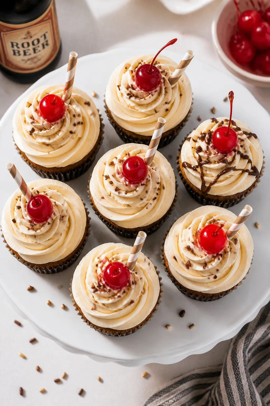 Final presentation top-down: Overhead shot of chilled root beer float cupcakes on a white cake stand