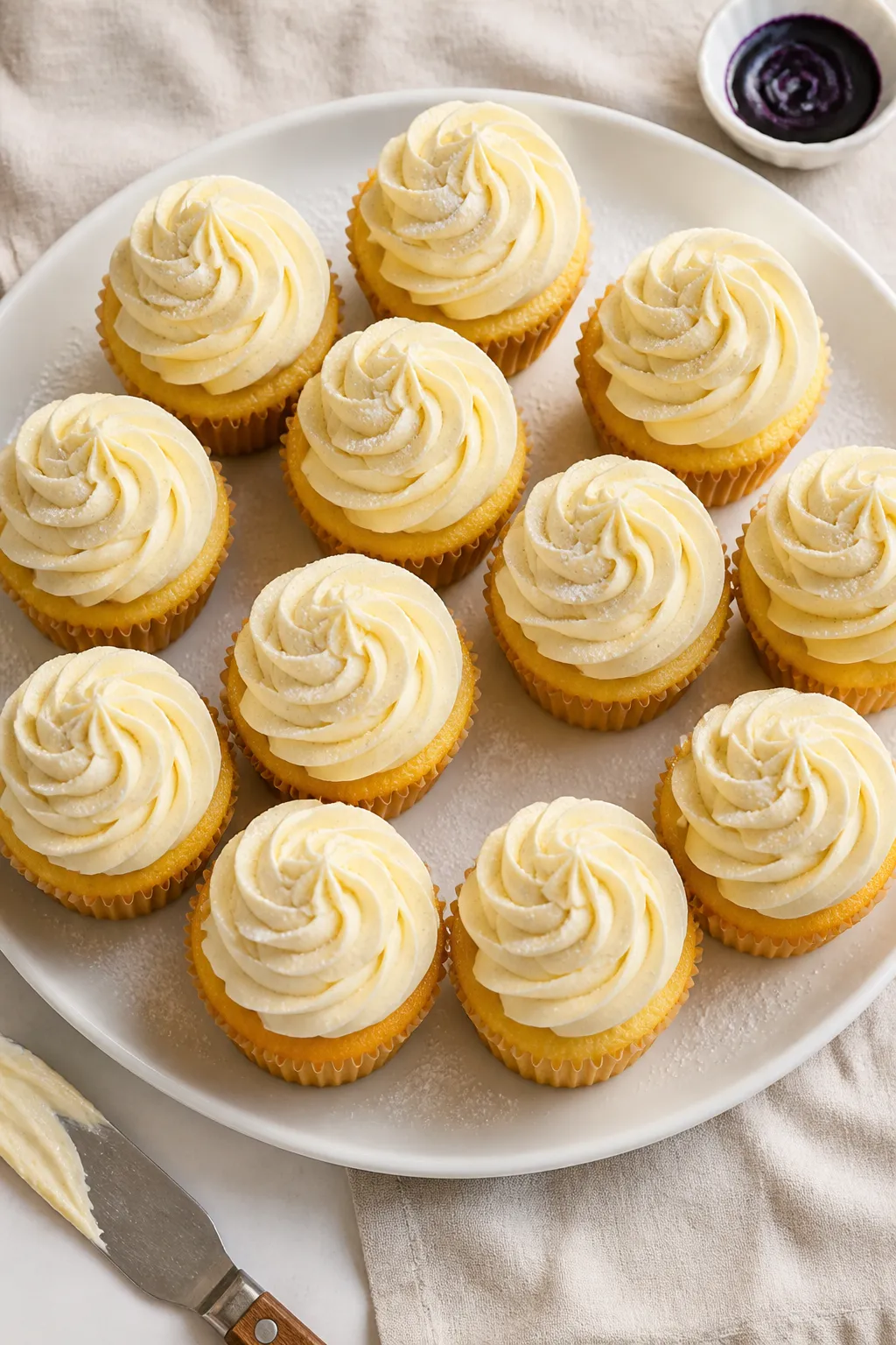 Final presentation/top-down shot: Overhead view of a dozen golden cupcakes crowned with tall, pipeab
